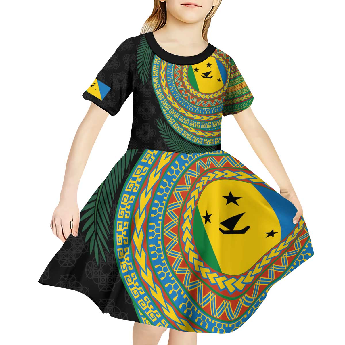 Malampa Tribal Tattoo with Namele Leaves Kid Short Sleeve Dress LT03 - Polynesian Pride
