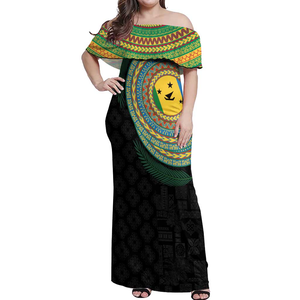 Malampa Tribal Tattoo with Namele Leaves Off Shoulder Maxi Dress