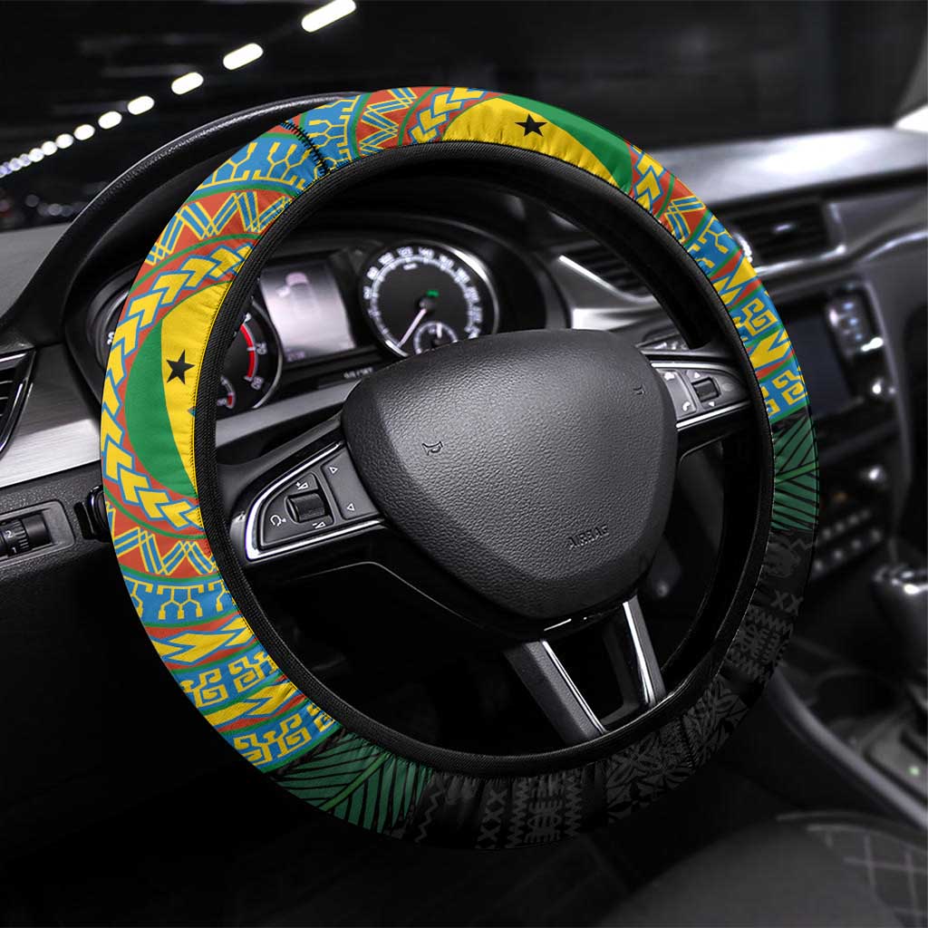 Malampa Tribal Tattoo with Namele Leaves Steering Wheel Cover LT03 Universal Fit Black - Polynesian Pride