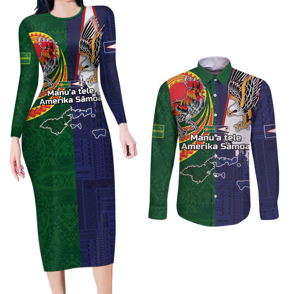 Manuʻa Islands and American Samoa Together Couples Matching Long Sleeve Bodycon Dress and Long Sleeve Button Shirt Rooster and Eagle Mascot National Map and Flag Style
