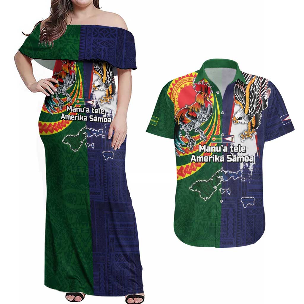 Manuʻa Islands and American Samoa Together Couples Matching Off Shoulder Maxi Dress and Hawaiian Shirt Rooster and Eagle Mascot National Map and Flag Style