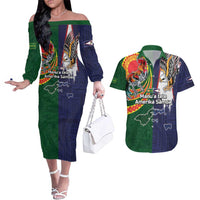 Manuʻa Islands and American Samoa Together Couples Matching Off The Shoulder Long Sleeve Dress and Hawaiian Shirt Rooster and Eagle Mascot National Map and Flag Style