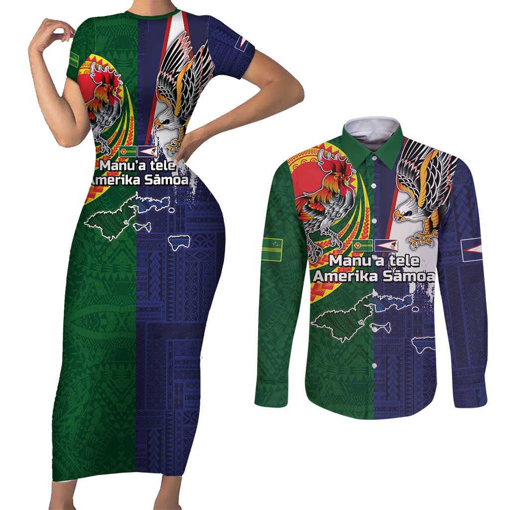 Manuʻa Islands and American Samoa Together Couples Matching Short Sleeve Bodycon Dress and Long Sleeve Button Shirt Rooster and Eagle Mascot National Map and Flag Style