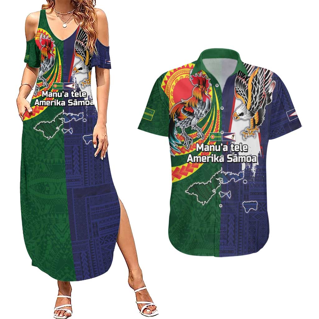 Manuʻa Islands and American Samoa Together Couples Matching Summer Maxi Dress and Hawaiian Shirt Rooster and Eagle Mascot National Map and Flag Style