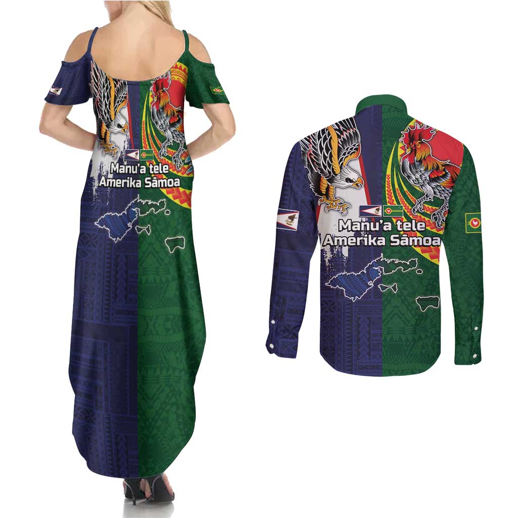 Manuʻa Islands and American Samoa Together Couples Matching Summer Maxi Dress and Long Sleeve Button Shirt Rooster and Eagle Mascot National Map and Flag Style