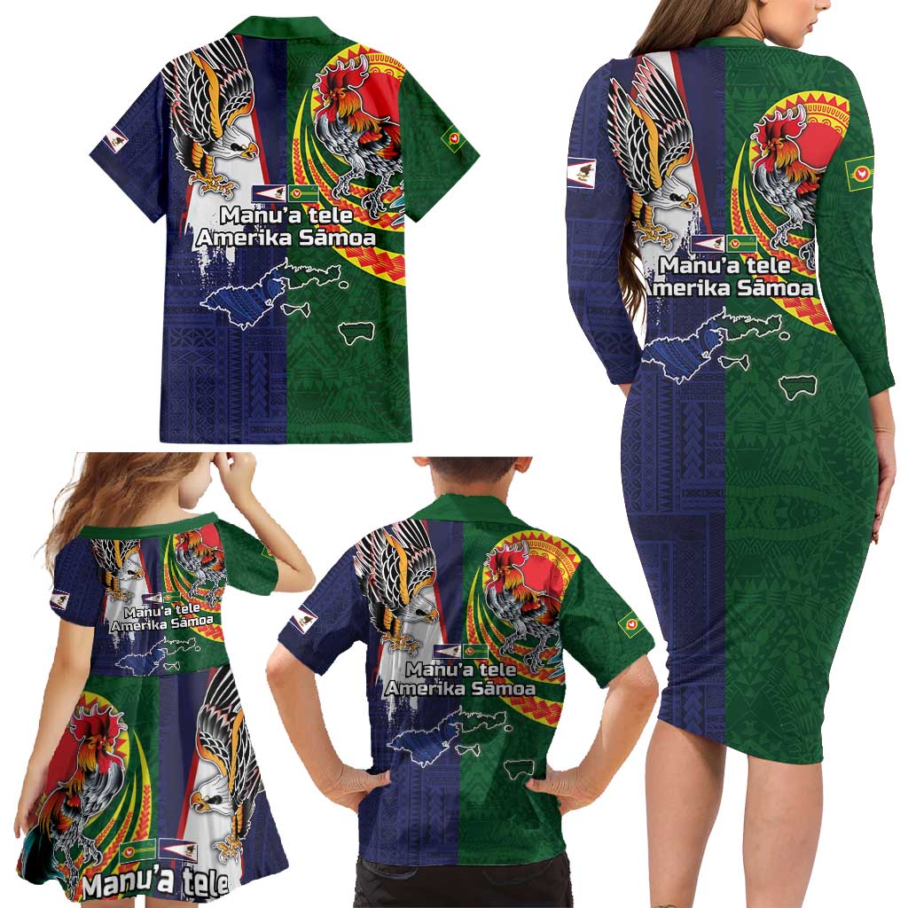 Manuʻa Islands and American Samoa Together Family Matching Long Sleeve Bodycon Dress and Hawaiian Shirt Rooster and Eagle Mascot National Map and Flag Style