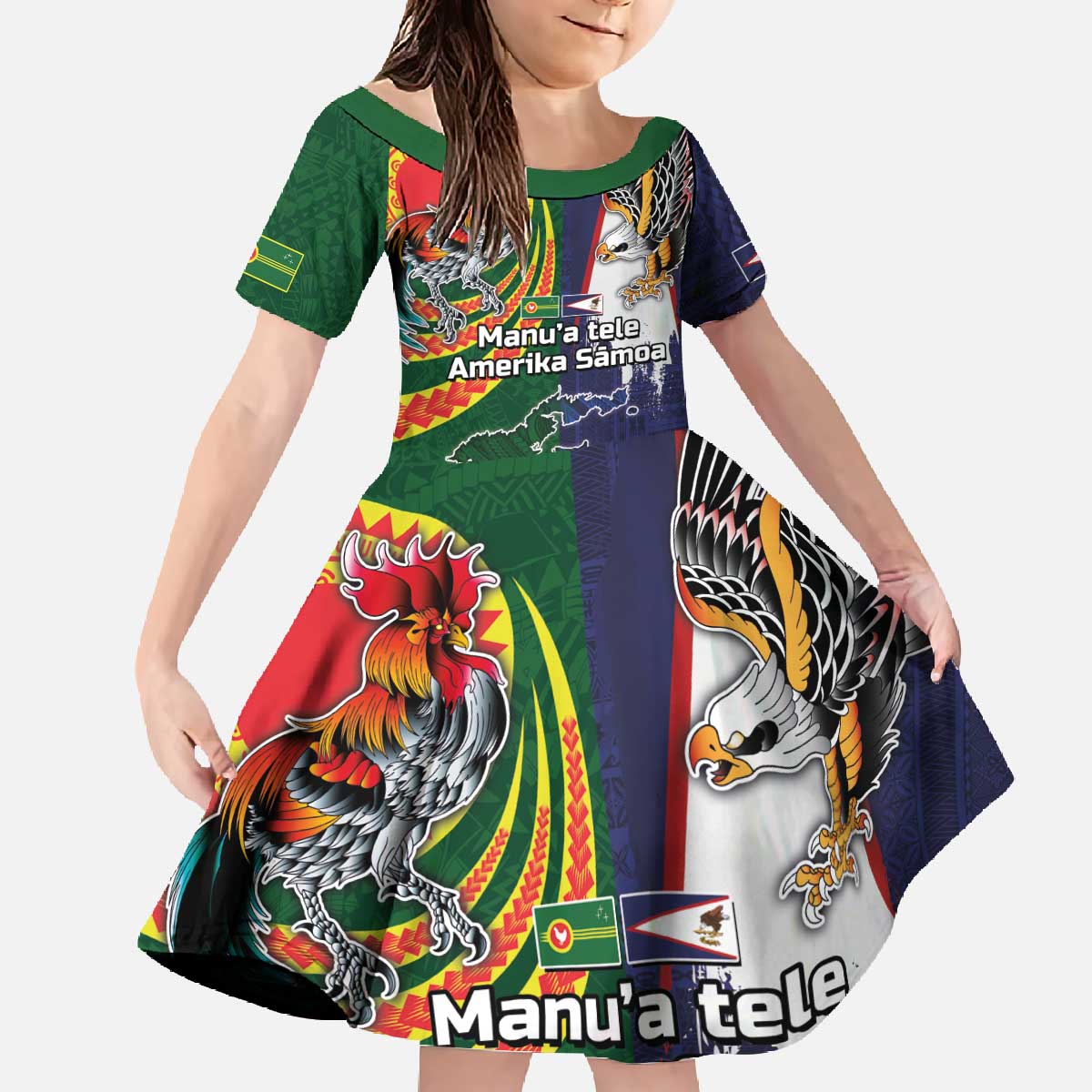 Manuʻa Islands and American Samoa Together Family Matching Off The Shoulder Long Sleeve Dress and Hawaiian Shirt Rooster and Eagle Mascot National Map and Flag Style