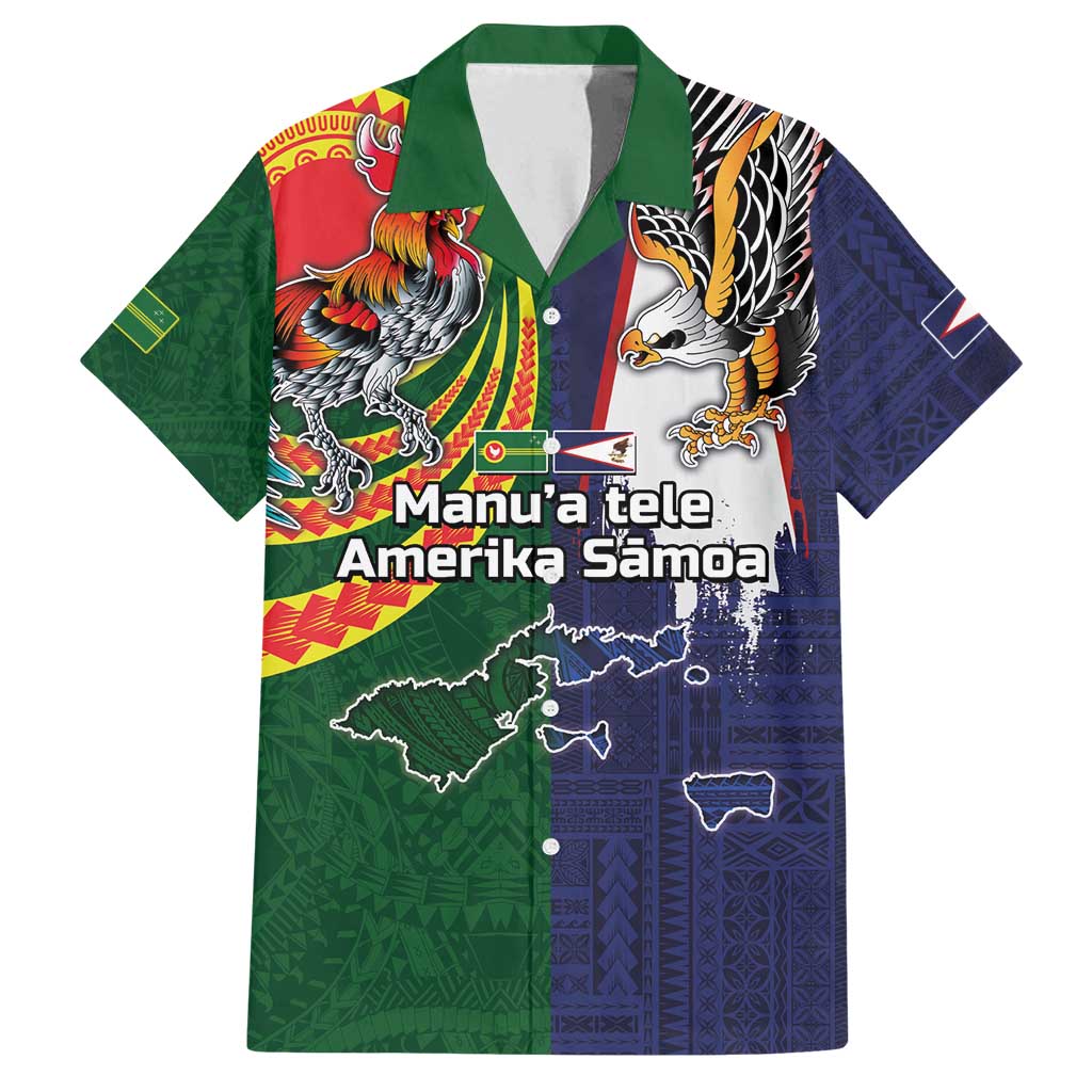 Manuʻa Islands and American Samoa Together Family Matching Off Shoulder Maxi Dress and Hawaiian Shirt Rooster and Eagle Mascot National Map and Flag Style