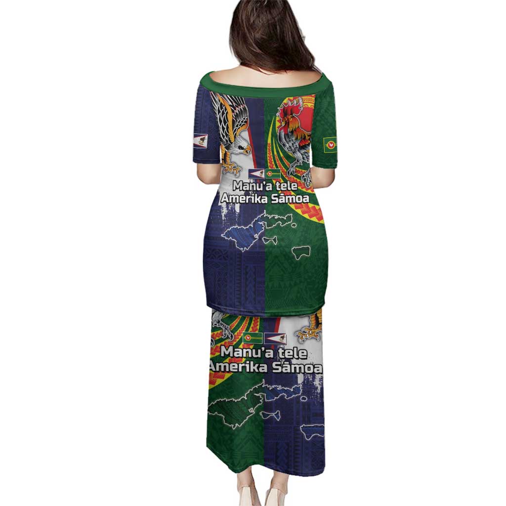 Manuʻa Islands and American Samoa Together Family Matching Puletasi and Hawaiian Shirt Rooster and Eagle Mascot National Map and Flag Style