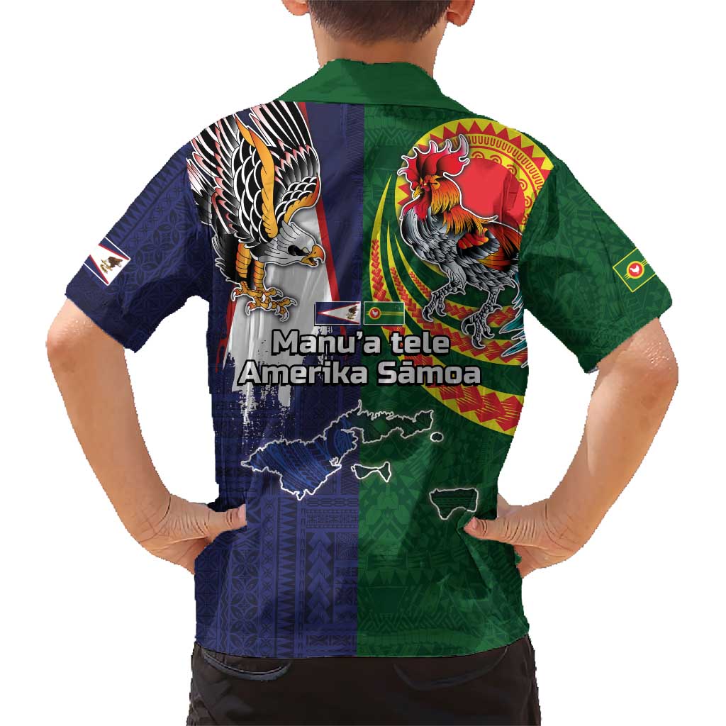 Manuʻa Islands and American Samoa Together Family Matching Short Sleeve Bodycon Dress and Hawaiian Shirt Rooster and Eagle Mascot National Map and Flag Style