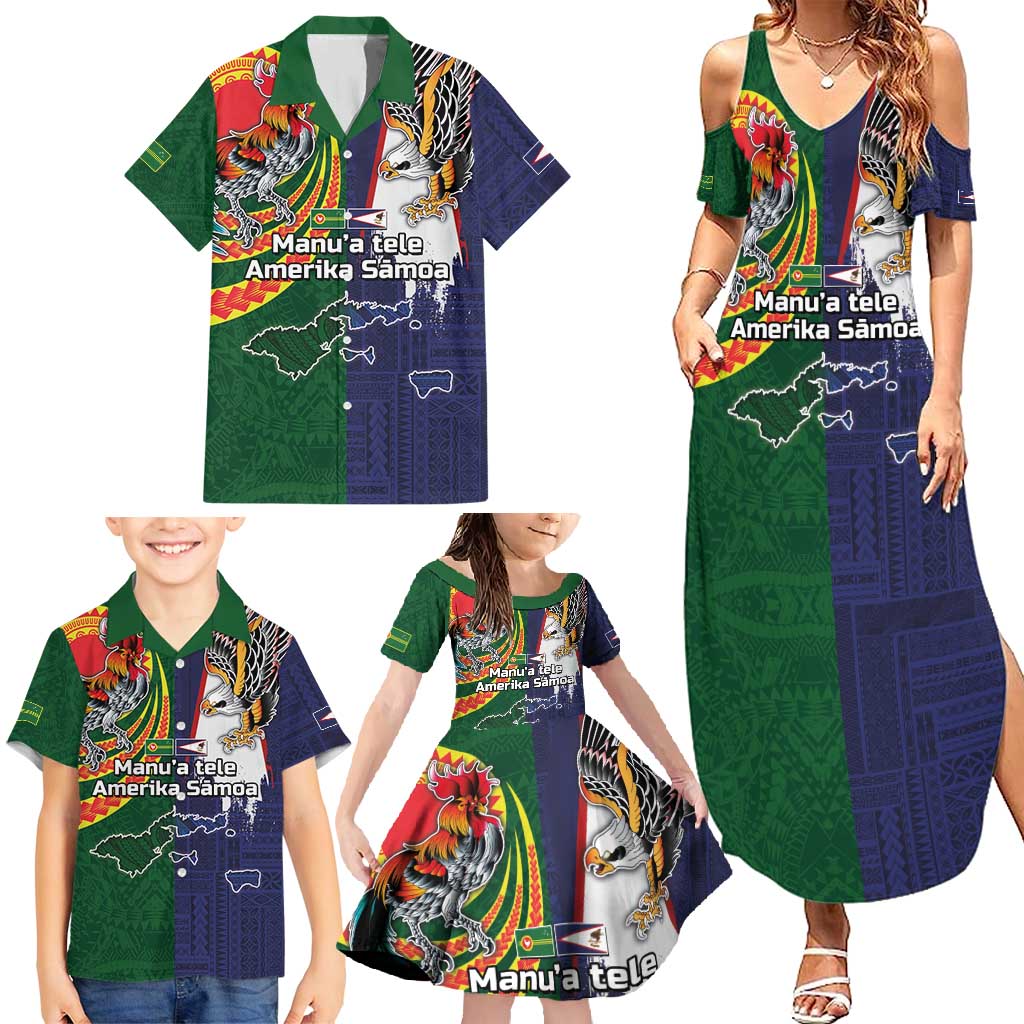 Manuʻa Islands and American Samoa Together Family Matching Summer Maxi Dress and Hawaiian Shirt Rooster and Eagle Mascot National Map and Flag Style
