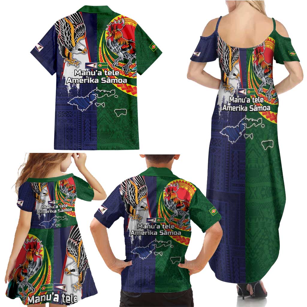 Manuʻa Islands and American Samoa Together Family Matching Summer Maxi Dress and Hawaiian Shirt Rooster and Eagle Mascot National Map and Flag Style