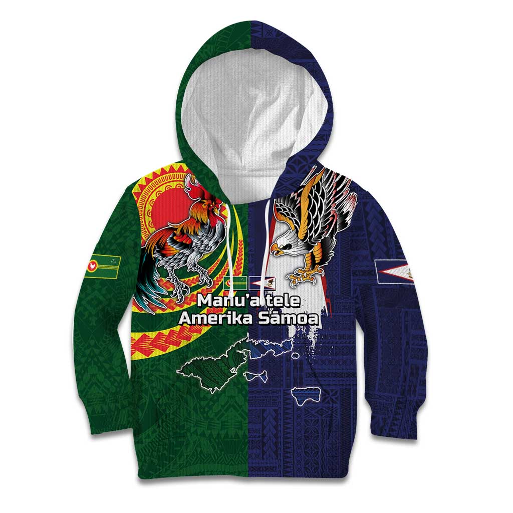 Manuʻa Islands and American Samoa Together Kid Hoodie Rooster and Eagle Mascot National Map and Flag Style