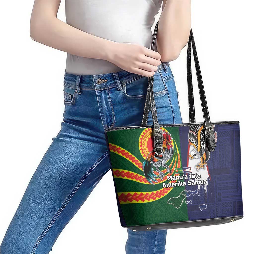Manuʻa Islands and American Samoa Together Leather Tote Bag Rooster and Eagle Mascot National Map and Flag Style