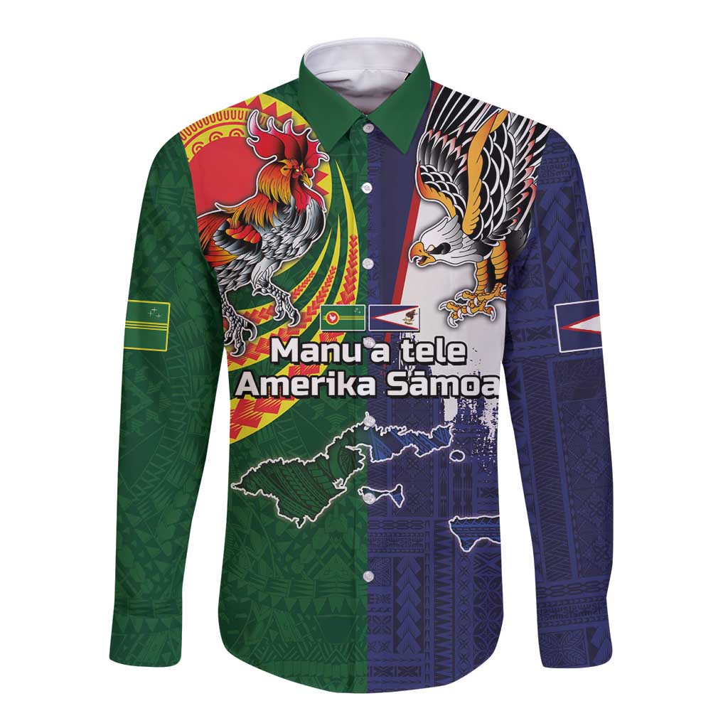 Manuʻa Islands and American Samoa Together Long Sleeve Button Shirt Rooster and Eagle Mascot National Map and Flag Style