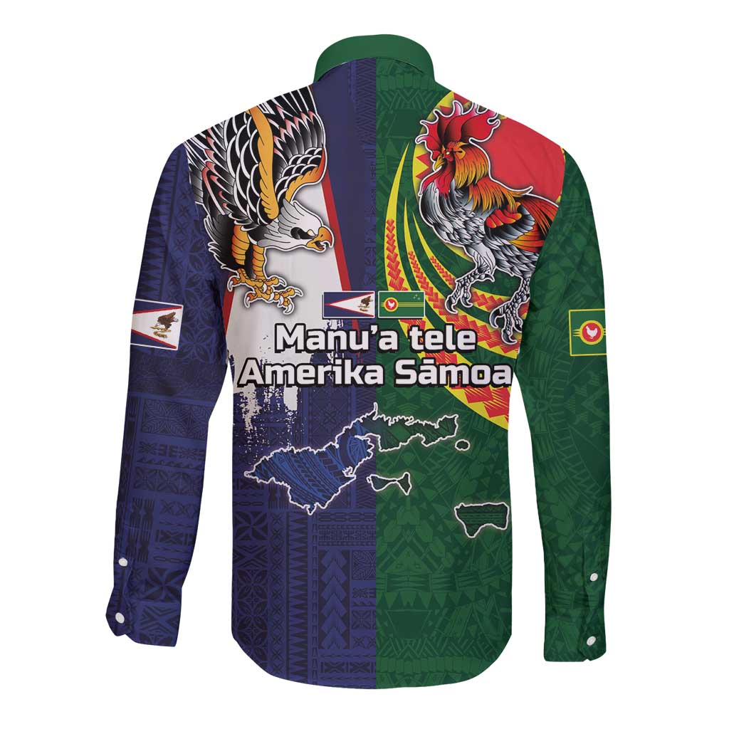 Manuʻa Islands and American Samoa Together Long Sleeve Button Shirt Rooster and Eagle Mascot National Map and Flag Style