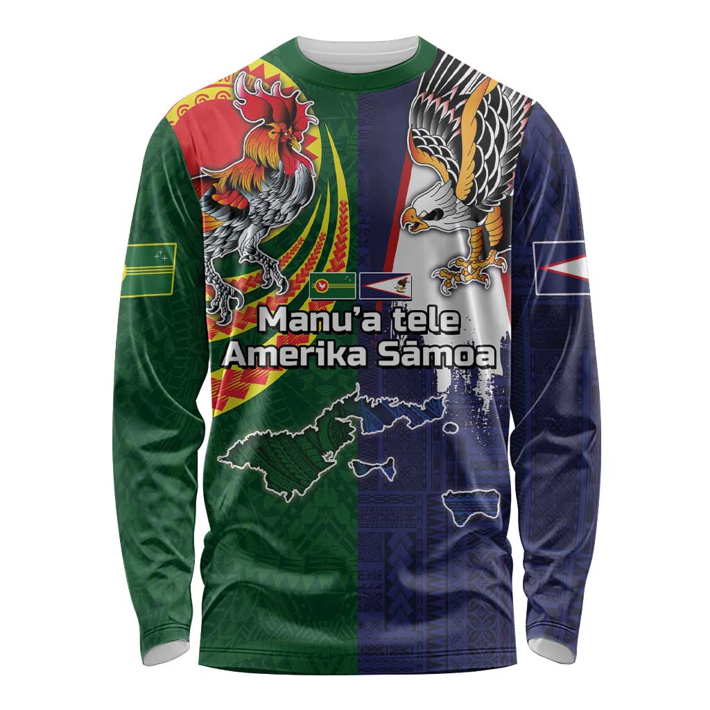 Manuʻa Islands and American Samoa Together Long Sleeve Shirt Rooster and Eagle Mascot National Map and Flag Style