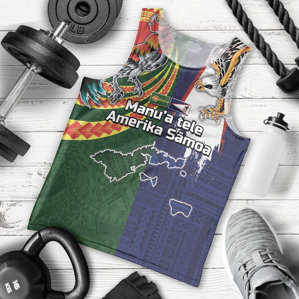 Manuʻa Islands and American Samoa Together Men Tank Top Rooster and Eagle Mascot National Map and Flag Style