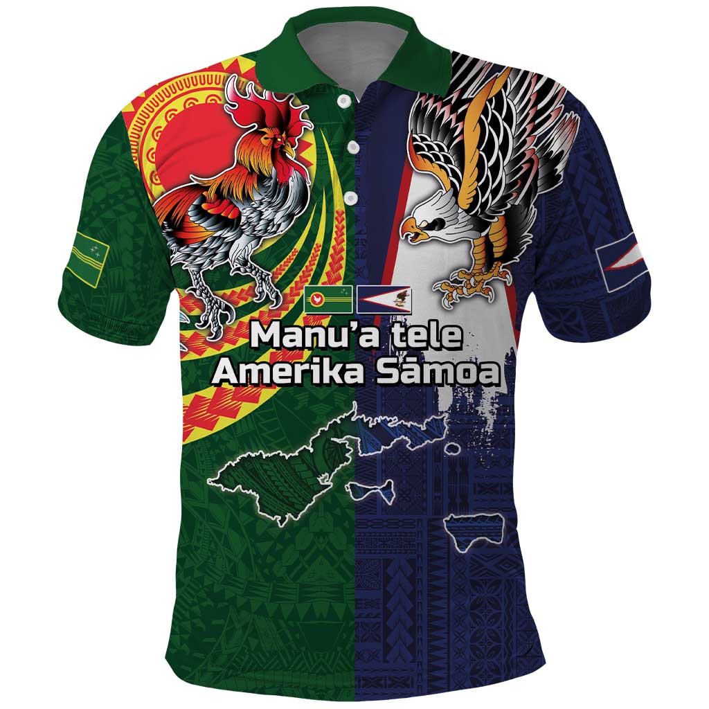Manuʻa Islands and American Samoa Together Polo Shirt Rooster and Eagle Mascot National Map and Flag Style