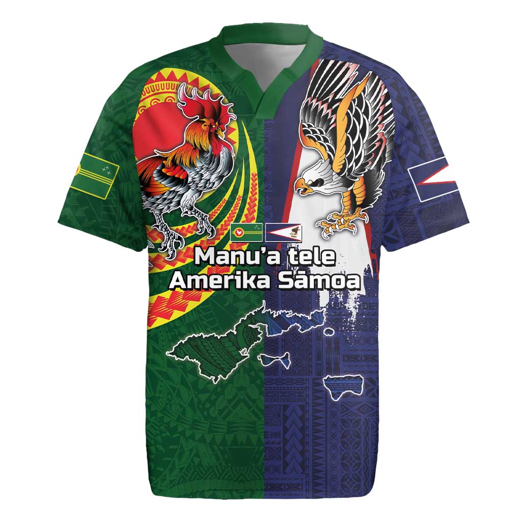 Manuʻa Islands and American Samoa Together Rugby Jersey Rooster and Eagle Mascot National Map and Flag Style