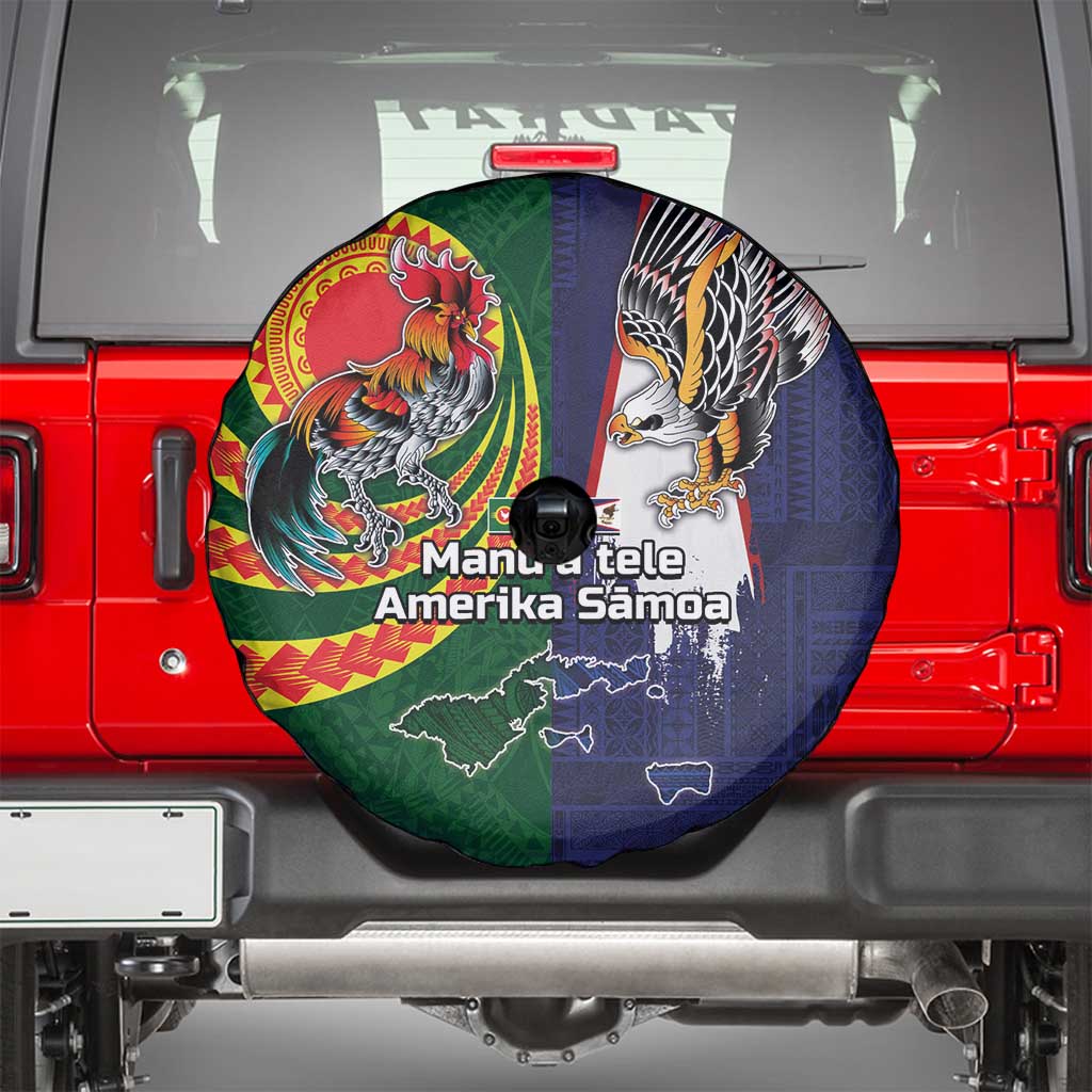 Manuʻa Islands and American Samoa Together Spare Tire Cover Rooster and Eagle Mascot National Map and Flag Style