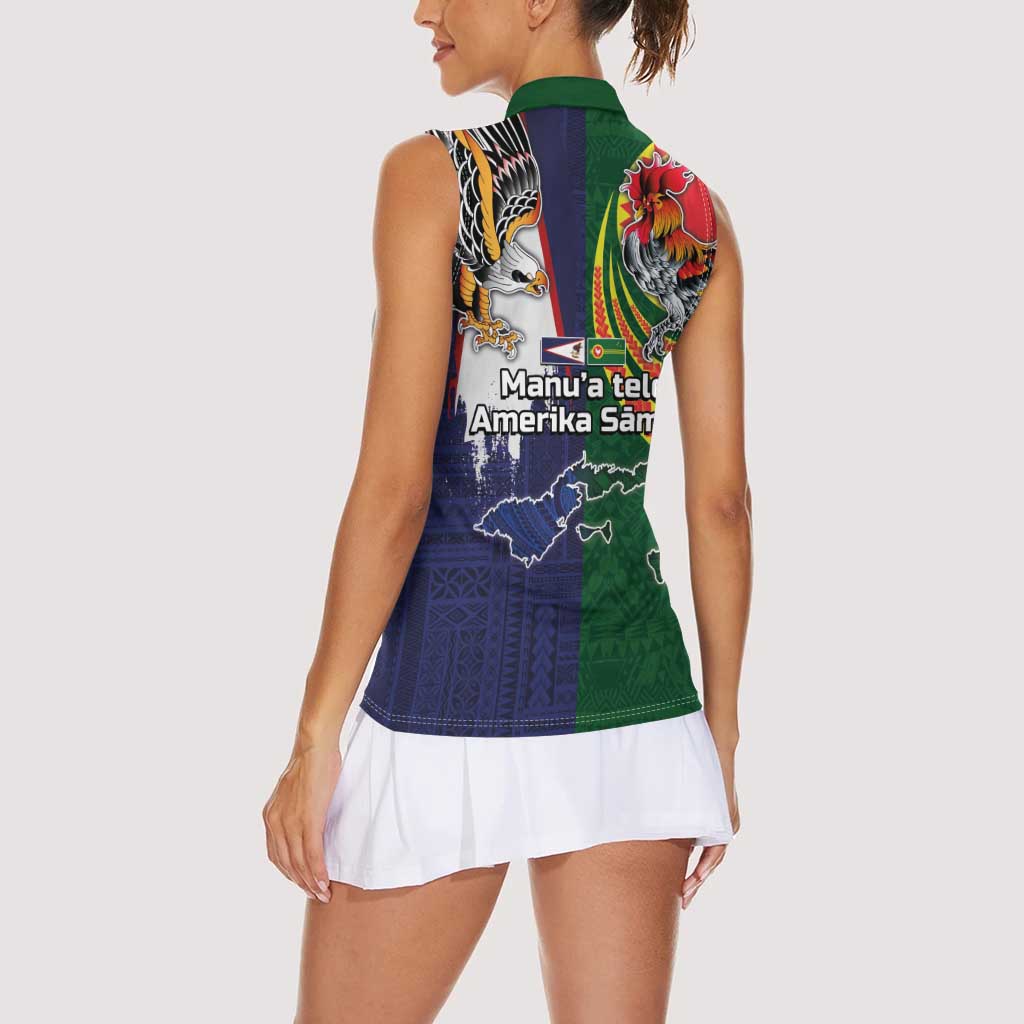 Manuʻa Islands and American Samoa Together Women Sleeveless Polo Shirt Rooster and Eagle Mascot National Map and Flag Style
