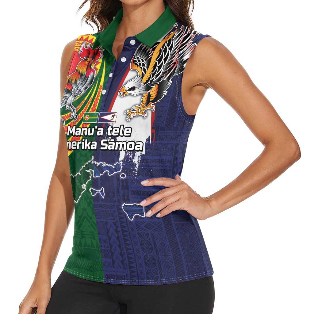 Manuʻa Islands and American Samoa Together Women Sleeveless Polo Shirt Rooster and Eagle Mascot National Map and Flag Style