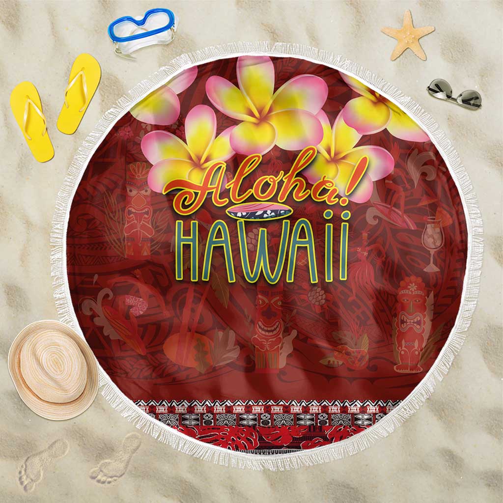 Aloha Plumeria Flowers Beach Blanket With Hawaiian Style Tapa Tribal