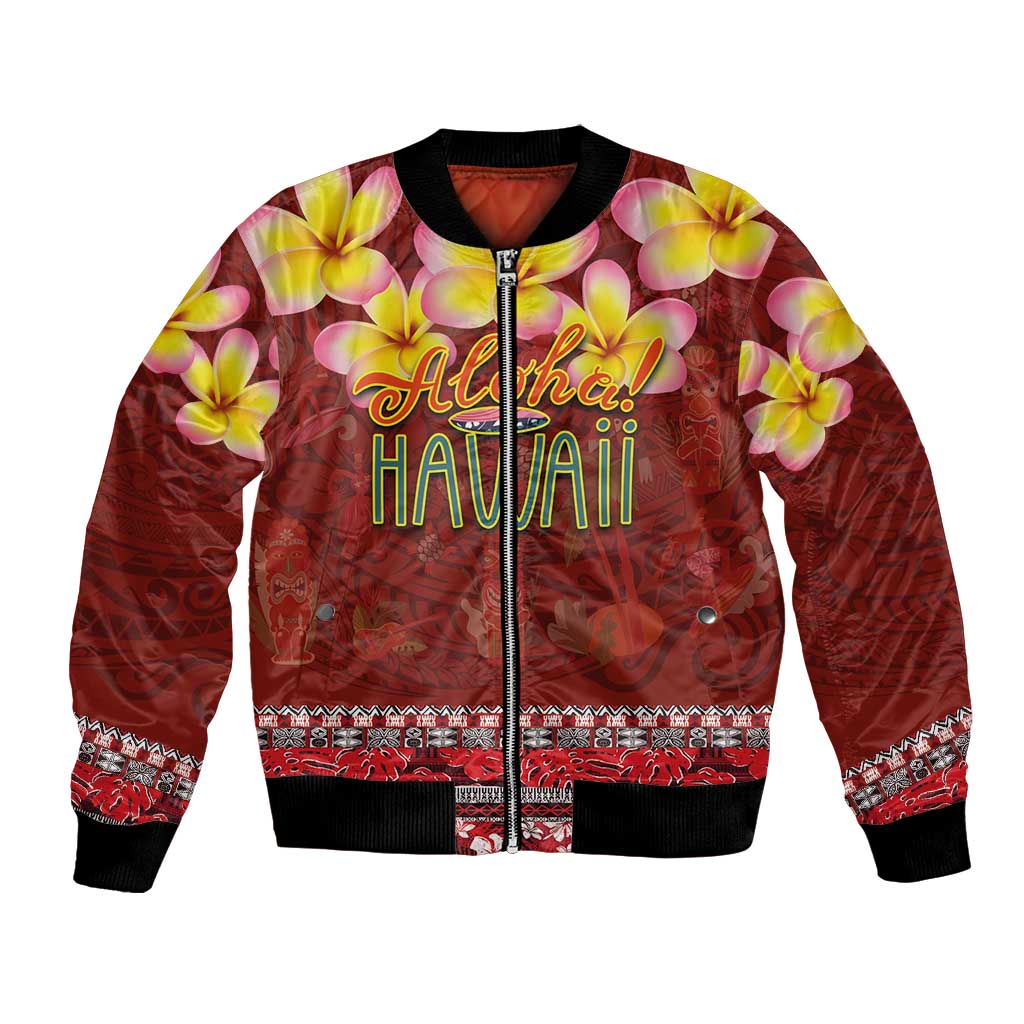 Aloha Plumeria Flowers Bomber Jacket With Hawaiian Style Tapa Tribal
