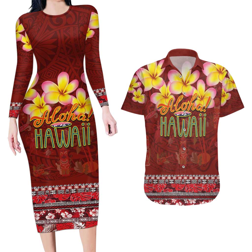 Aloha Plumeria Flowers Couples Matching Long Sleeve Bodycon Dress and Hawaiian Shirt With Hawaiian Style Tapa Tribal LT03 Red - Polynesian Pride