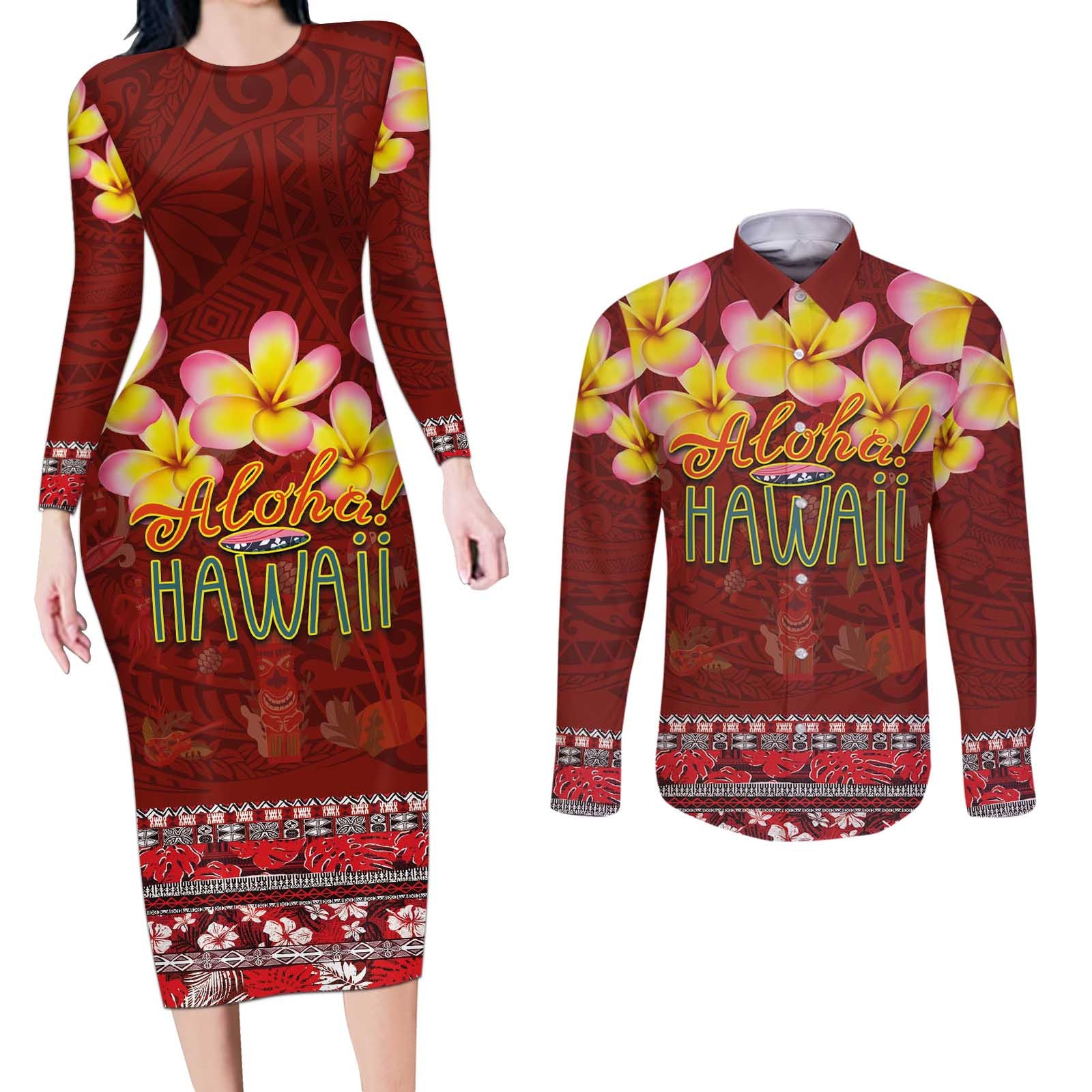 Aloha Plumeria Flowers Couples Matching Long Sleeve Bodycon Dress and Long Sleeve Button Shirt With Hawaiian Style Tapa Tribal LT03 Red - Polynesian Pride