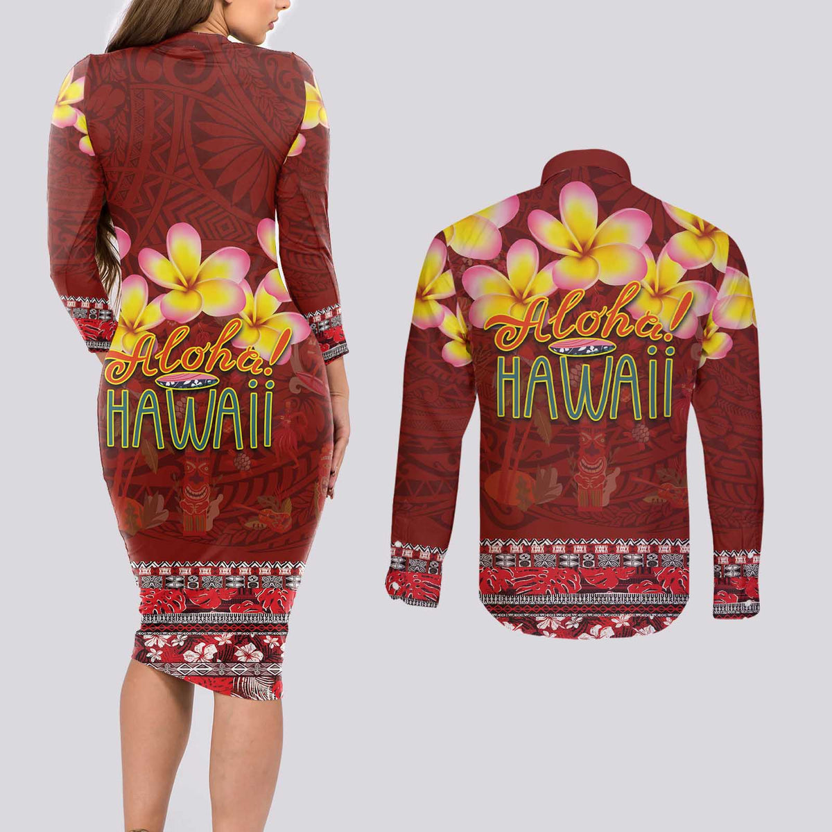 Aloha Plumeria Flowers Couples Matching Long Sleeve Bodycon Dress and Long Sleeve Button Shirt With Hawaiian Style Tapa Tribal LT03 - Polynesian Pride