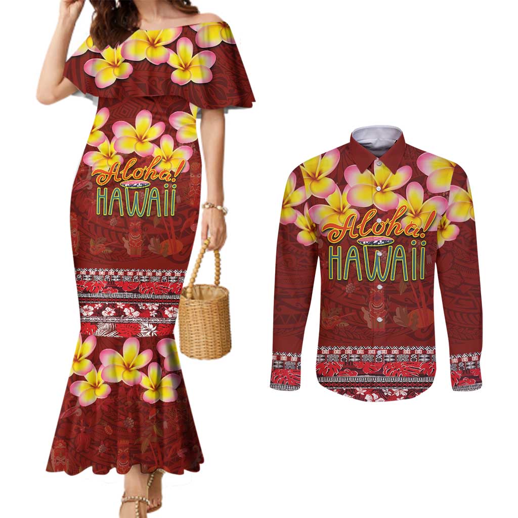 Aloha Plumeria Flowers Couples Matching Mermaid Dress and Long Sleeve Button Shirt With Hawaiian Style Tapa Tribal LT03 Red - Polynesian Pride