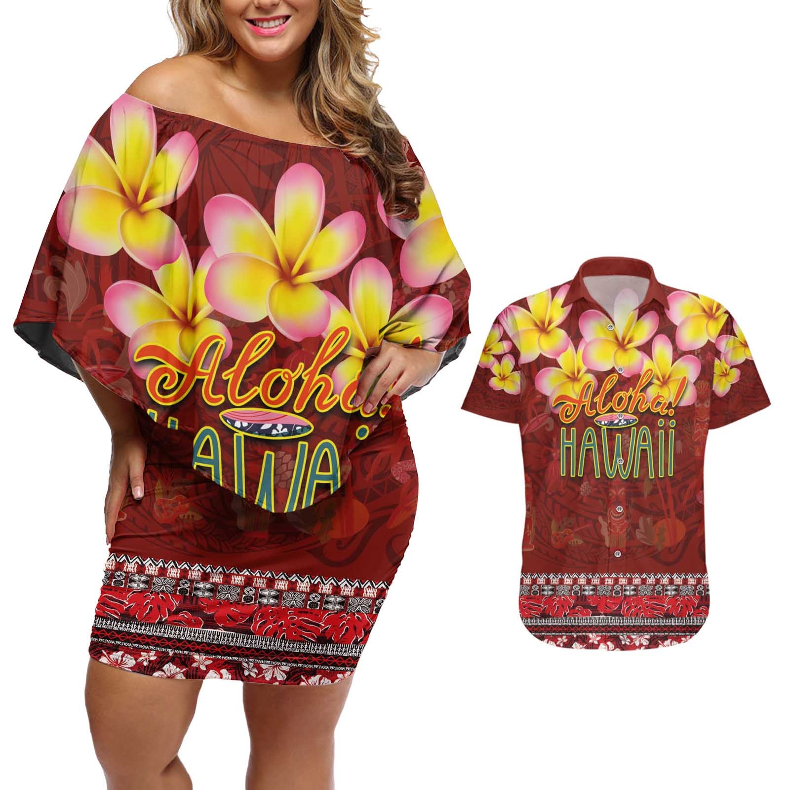 Aloha Plumeria Flowers Couples Matching Off Shoulder Short Dress and Hawaiian Shirt With Hawaiian Style Tapa Tribal LT03 Red - Polynesian Pride