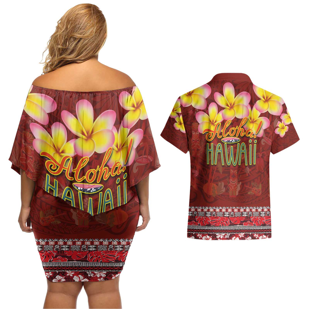 Aloha Plumeria Flowers Couples Matching Off Shoulder Short Dress and Hawaiian Shirt With Hawaiian Style Tapa Tribal LT03 - Polynesian Pride