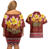 Aloha Plumeria Flowers Couples Matching Off Shoulder Short Dress and Hawaiian Shirt With Hawaiian Style Tapa Tribal LT03 - Polynesian Pride