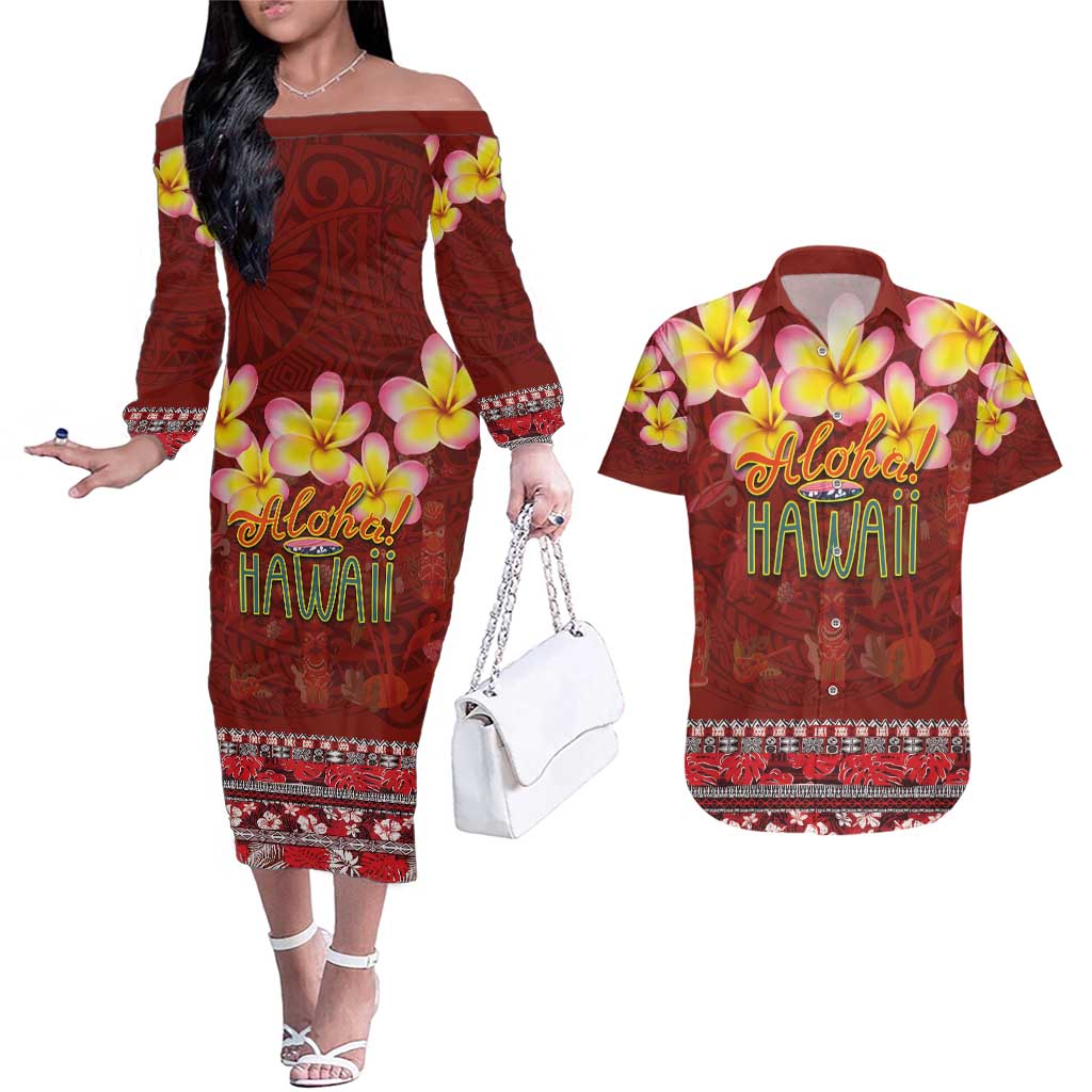 Aloha Plumeria Flowers Couples Matching Off The Shoulder Long Sleeve Dress and Hawaiian Shirt With Hawaiian Style Tapa Tribal LT03 Red - Polynesian Pride
