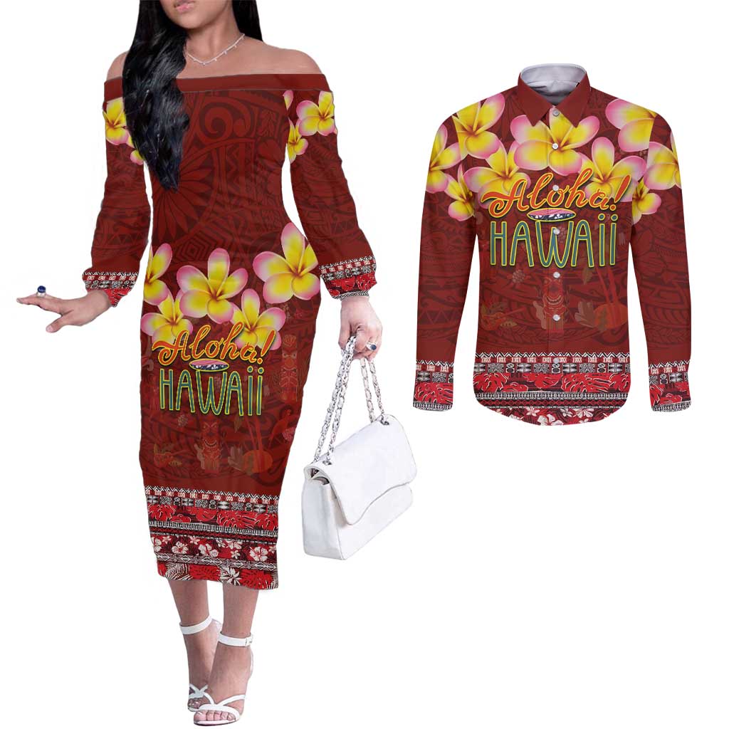Aloha Plumeria Flowers Couples Matching Off The Shoulder Long Sleeve Dress and Long Sleeve Button Shirt With Hawaiian Style Tapa Tribal LT03 Red - Polynesian Pride