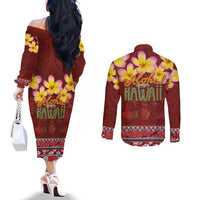Aloha Plumeria Flowers Couples Matching Off The Shoulder Long Sleeve Dress and Long Sleeve Button Shirt With Hawaiian Style Tapa Tribal LT03 - Polynesian Pride