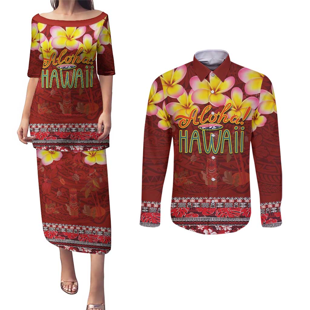 Aloha Plumeria Flowers Couples Matching Puletasi and Long Sleeve Button Shirt With Hawaiian Style Tapa Tribal LT03 Red - Polynesian Pride