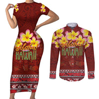 Aloha Plumeria Flowers Couples Matching Short Sleeve Bodycon Dress and Long Sleeve Button Shirt With Hawaiian Style Tapa Tribal LT03 Red - Polynesian Pride