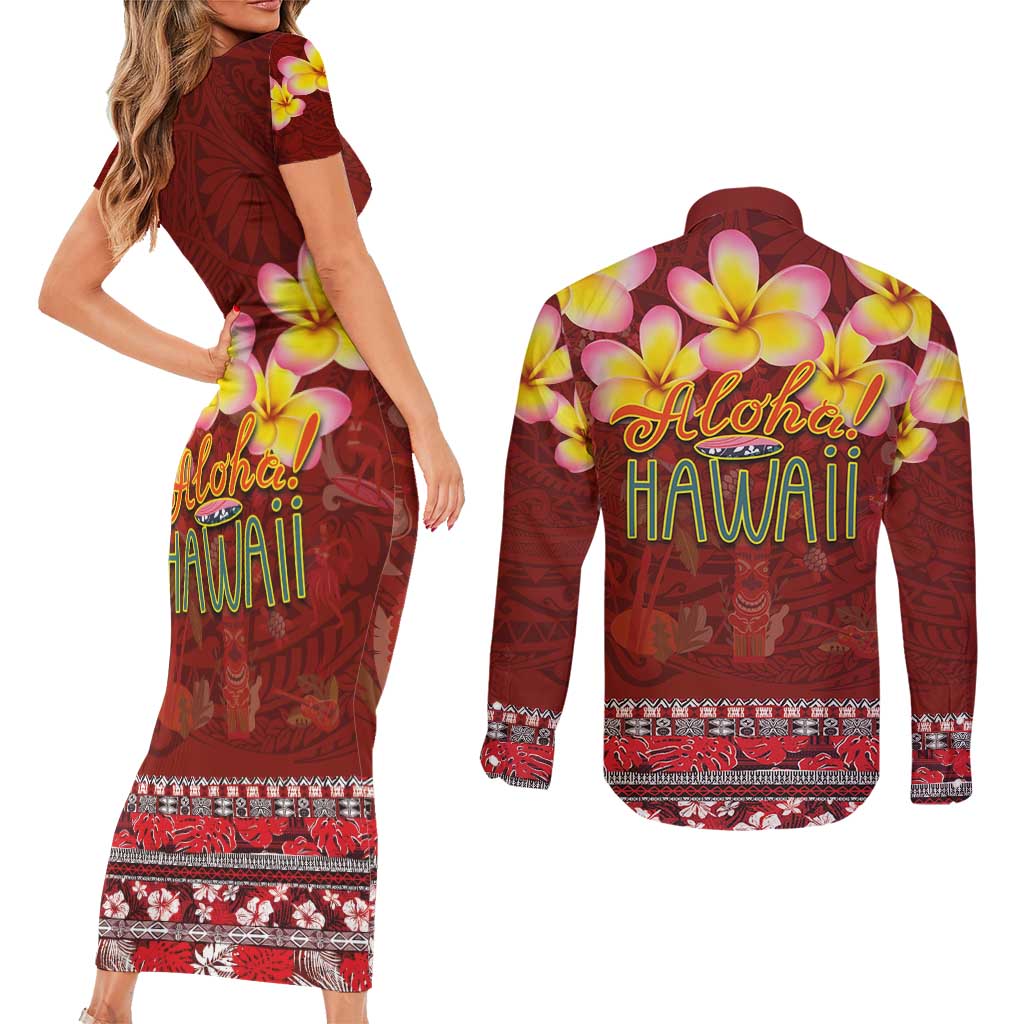 Aloha Plumeria Flowers Couples Matching Short Sleeve Bodycon Dress and Long Sleeve Button Shirt With Hawaiian Style Tapa Tribal LT03 - Polynesian Pride