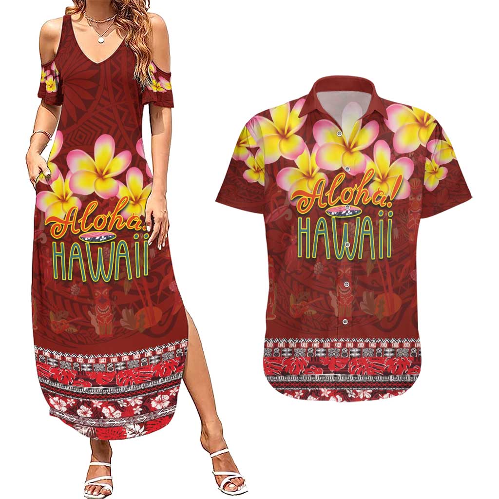 Aloha Plumeria Flowers Couples Matching Summer Maxi Dress and Hawaiian Shirt With Hawaiian Style Tapa Tribal LT03 Red - Polynesian Pride