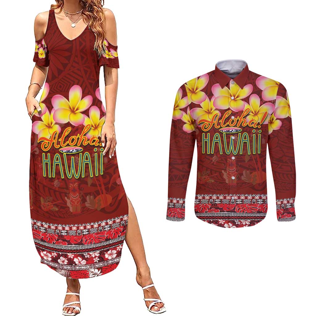Aloha Plumeria Flowers Couples Matching Summer Maxi Dress and Long Sleeve Button Shirt With Hawaiian Style Tapa Tribal LT03 Red - Polynesian Pride