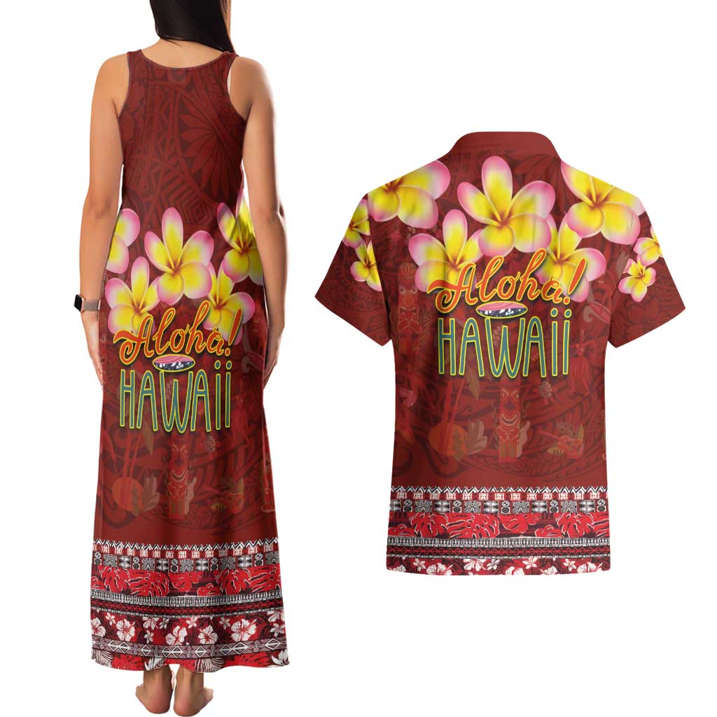 Aloha Plumeria Flowers Couples Matching Tank Maxi Dress and Hawaiian Shirt With Hawaiian Style Tapa Tribal LT03 - Polynesian Pride