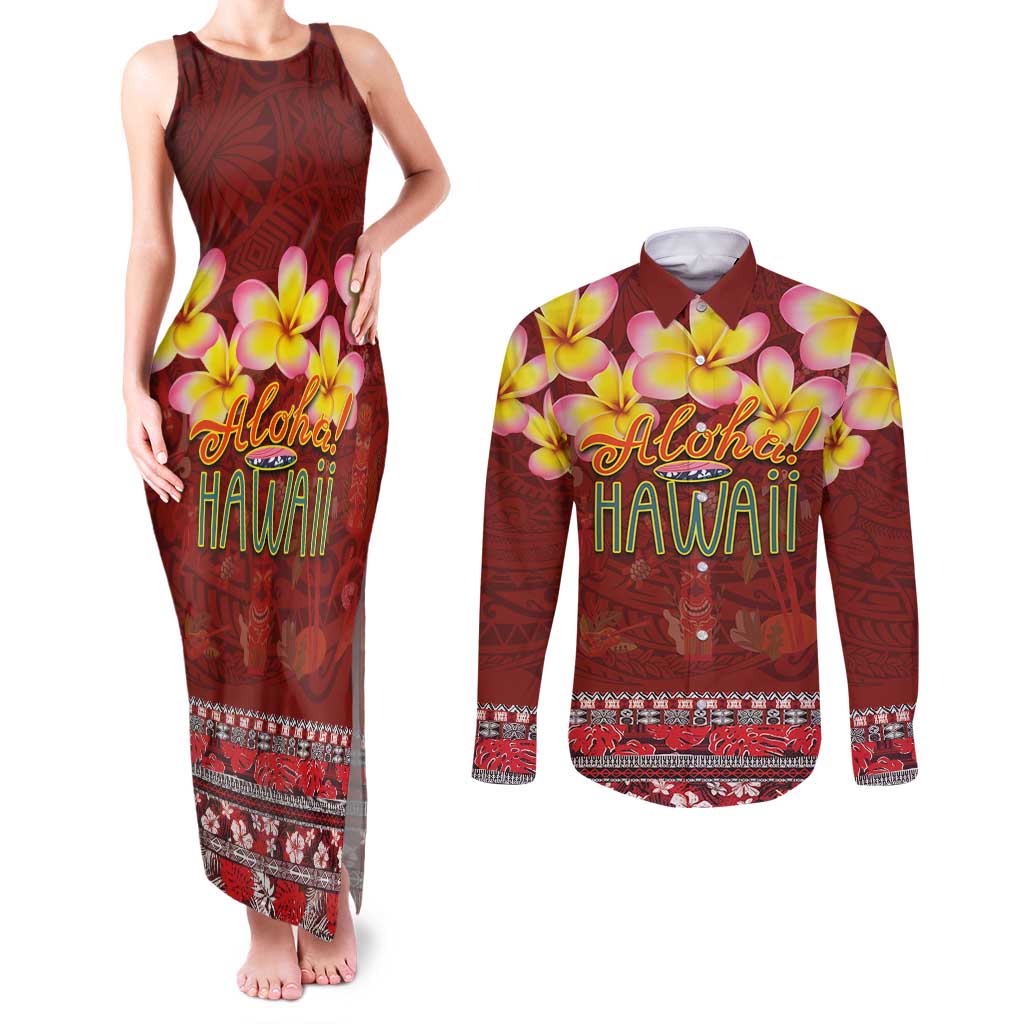 Aloha Plumeria Flowers Couples Matching Tank Maxi Dress and Long Sleeve Button Shirt With Hawaiian Style Tapa Tribal LT03 Red - Polynesian Pride