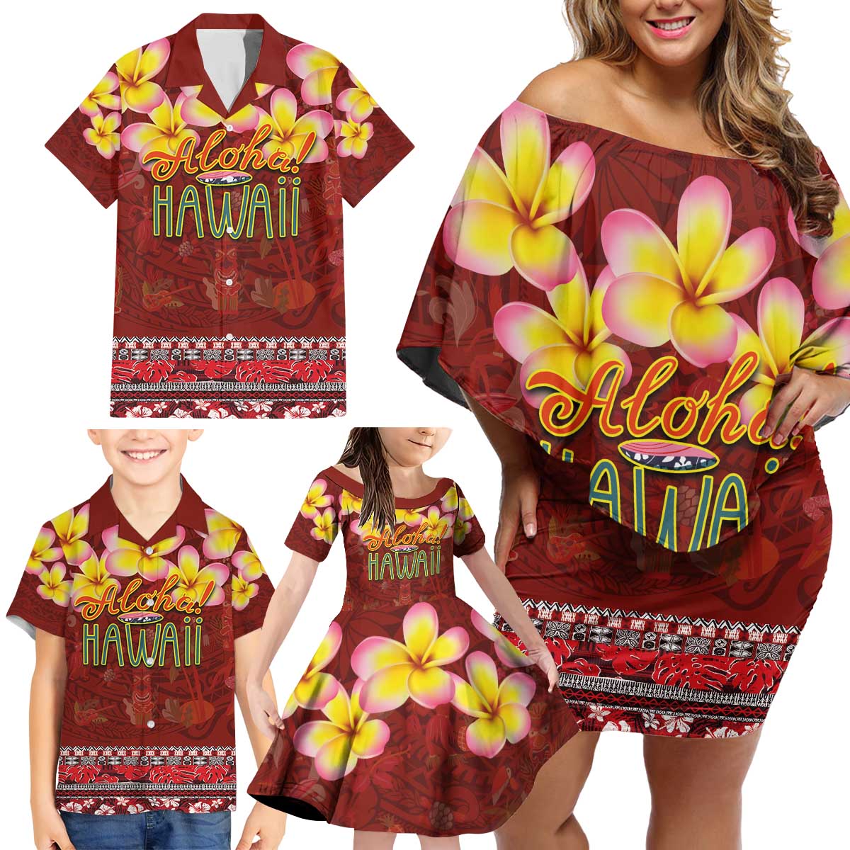 Aloha Plumeria Flowers Family Matching Off Shoulder Short Dress and Hawaiian Shirt With Hawaiian Style Tapa Tribal LT03 - Polynesian Pride