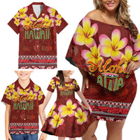 Aloha Plumeria Flowers Family Matching Off Shoulder Short Dress and Hawaiian Shirt With Hawaiian Style Tapa Tribal
