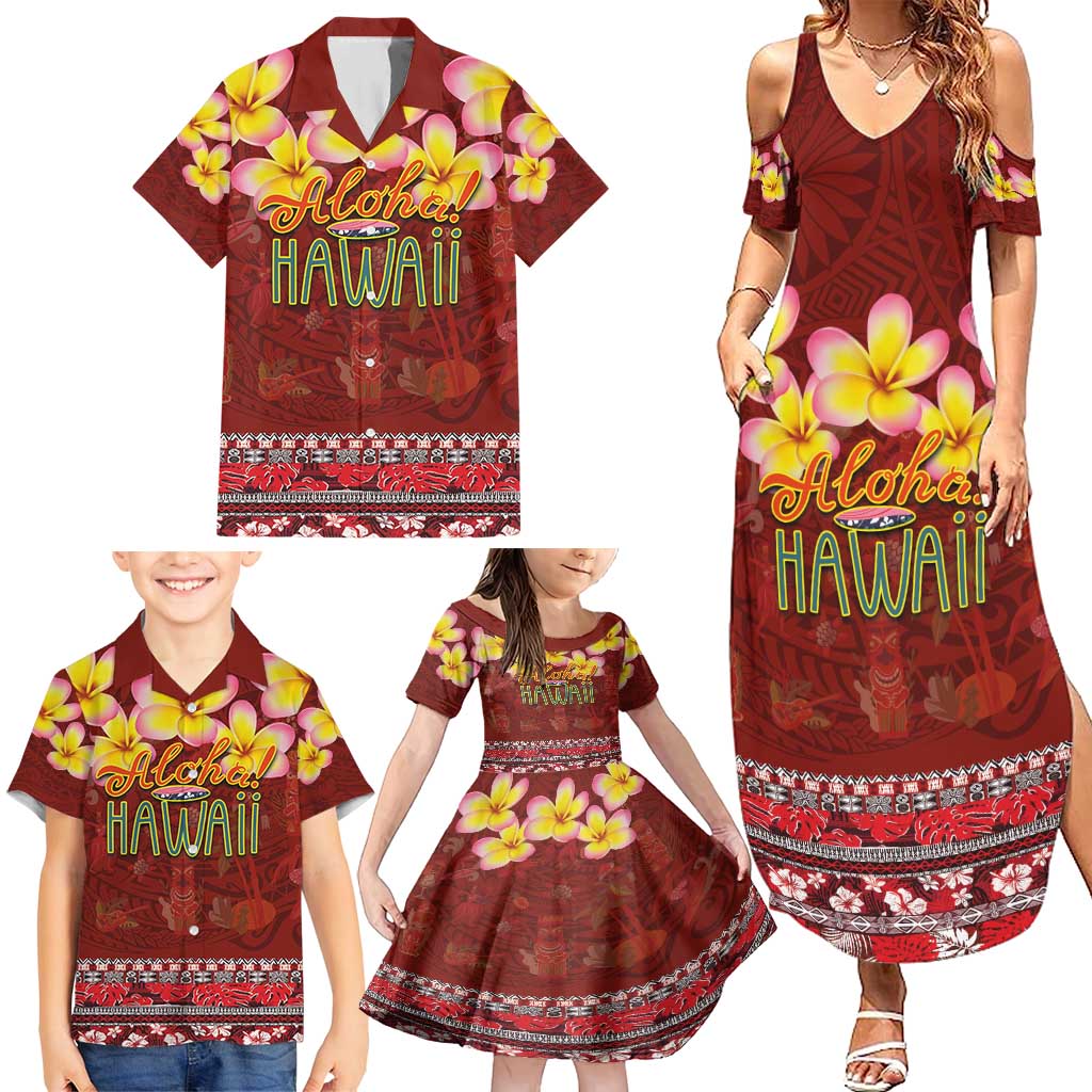 Aloha Plumeria Flowers Family Matching Summer Maxi Dress and Hawaiian Shirt With Hawaiian Style Tapa Tribal