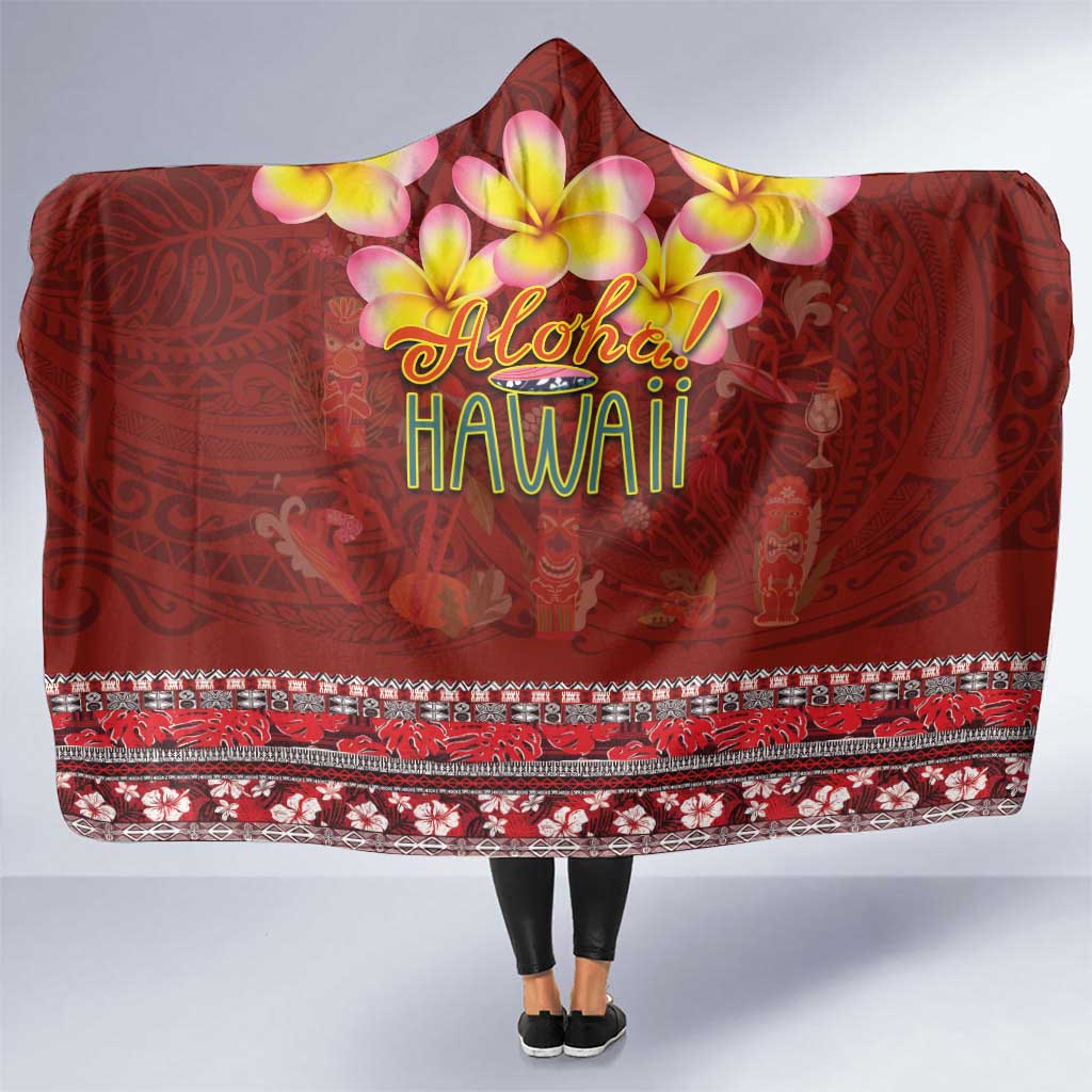 Aloha Plumeria Flowers Hooded Blanket With Hawaiian Style Tapa Tribal LT03 One Size Red - Polynesian Pride